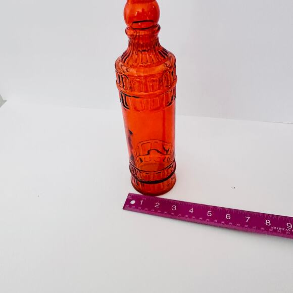 Embossed Design Orange Colored Glass Bottle with Stopper Round EMPTY - Picture 2 of 5